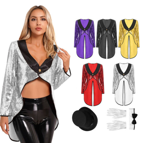 Womens Magician Costume Set Sequin Magician Tailcoat Hat Dress Up Halloween - Afbeelding 1 van 56