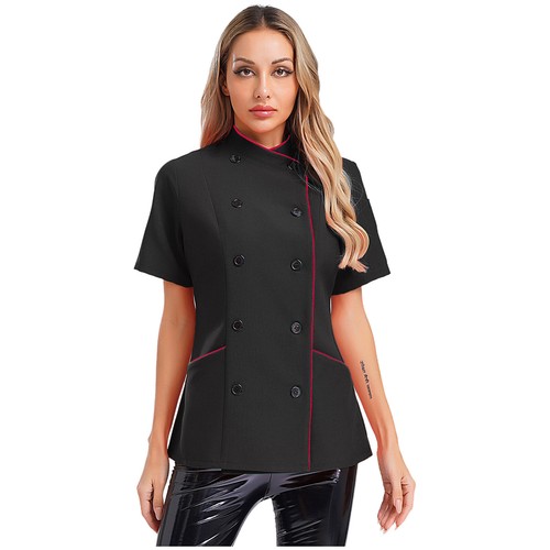 Women Jacket Contrast Color Coat Baking Tops Bakery Short Sleeve Soft Chef Cafe - Picture 23 of 95