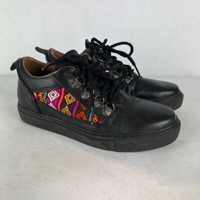 Inkkas Leather Sneaker Shoes Womens 7 Mens 4 Black Embroidered Aztec Multicolor