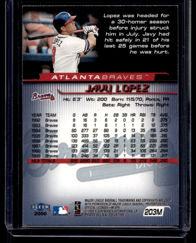 Fleer Focus 2000 error lámina púrpura falta 1/1 Javy Lopez #203M Foto 2 de 2