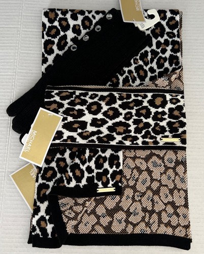 $144 Michael Kors 3-Piece Set SCARF, HEADBAND & GLOVES Reversible Camel Leopard - Picture 3 of 7