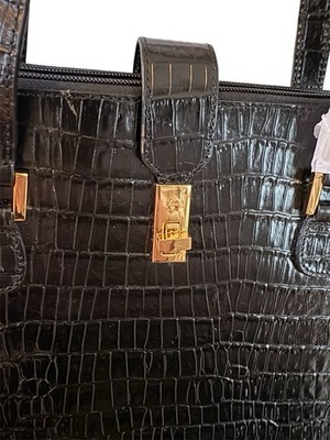NWT Etienne Aigner Black Croc Embossed Leather Satchel Tote Gold Classic Croco