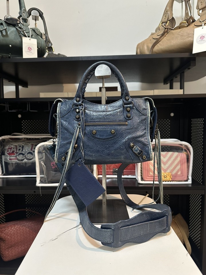 BALENCIAGA NAVY BLUE 'METALLIC EDGE' MINI CITY BAG