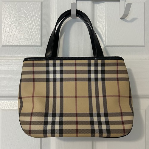 Burberry Vintage Tan Canvas Leather Nova Check Small Tote Bag