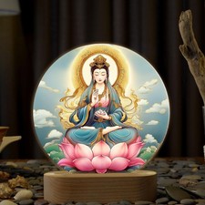 LED Guan Yin Goddess Lamp Lotus Base Buddhist Feng Shui Peace Light Decor