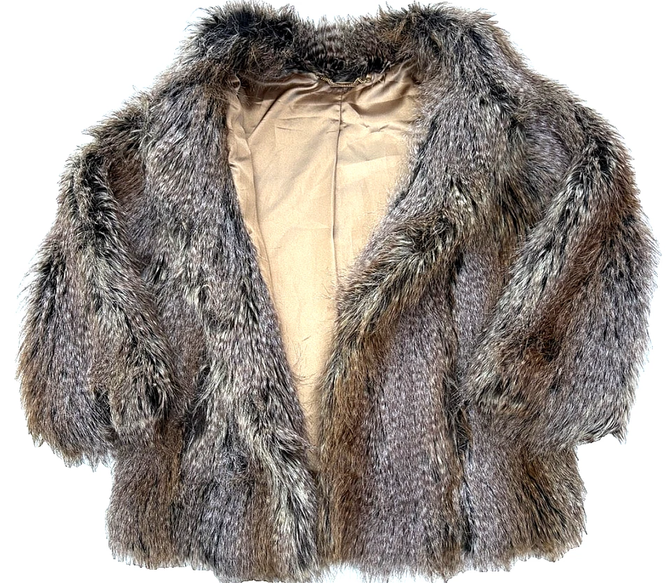 Trina Turk Multi Brown Acrylic Faux Fur Lined Long Sleeve Hook&Loop Coat size M - Image 3 of 4