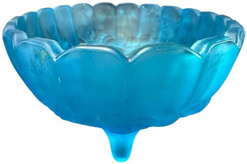 Vintage Blue Satin Glass Footed Fruit Bowl Mild UV Glow Scalloped Depression Era - Picture 4 of 9