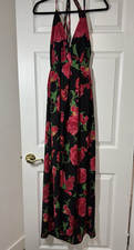 Women's Black Floral Halter Maxi Dress Backless Tie Closure Size S
