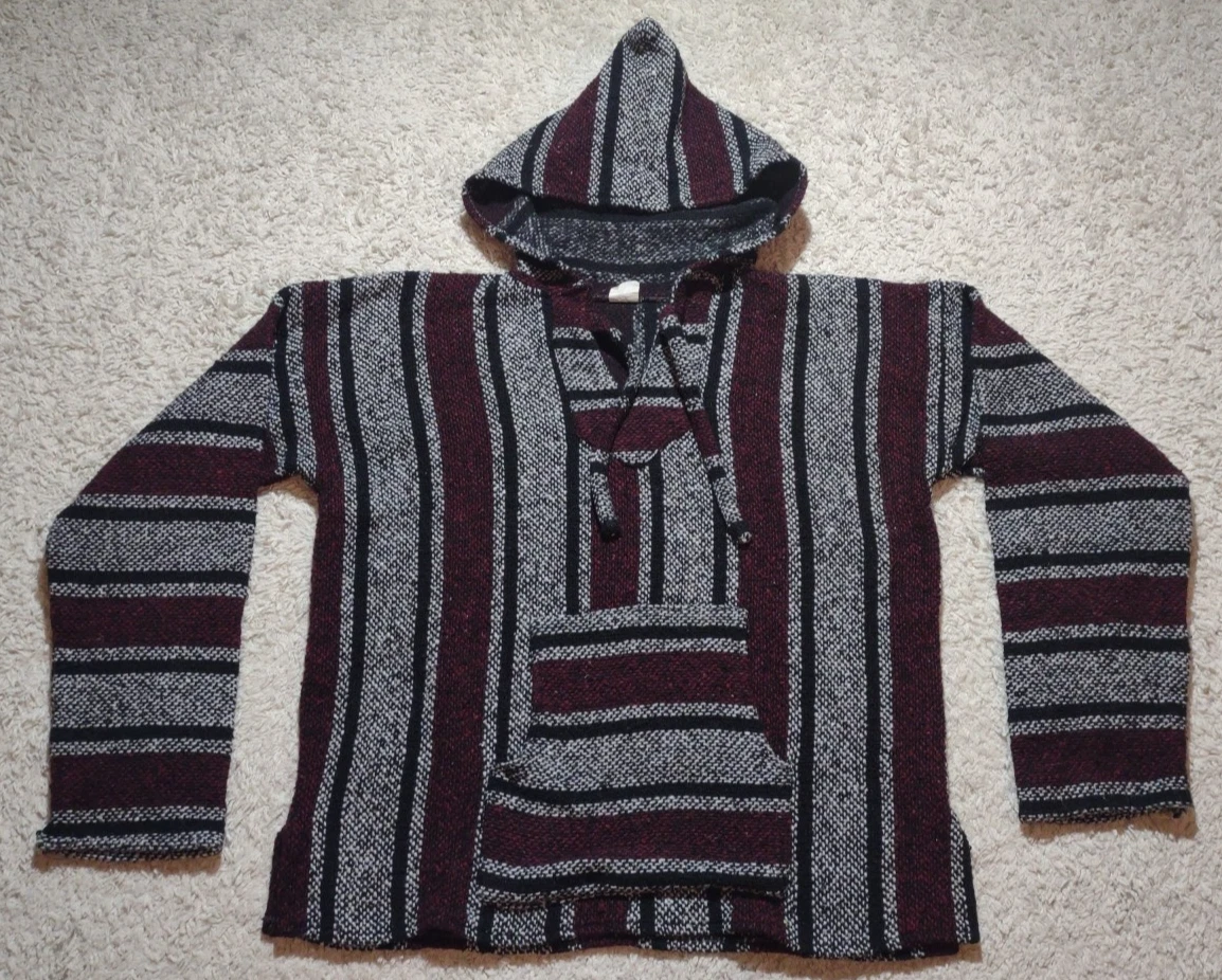 Mexican Poncho Hoodie Men's L Black Burgundy Woven Drug Rug Baja Hippie Beach