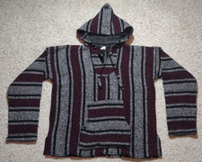 Mexican Poncho Hoodie Men's L Black Burgundy Woven Drug Rug Baja Hippie Beach