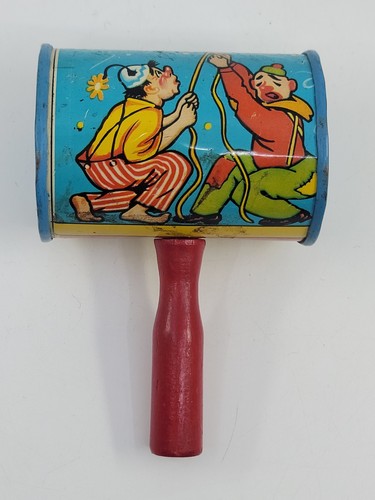 Vintage Metal Tin Litho Halloween New Years Noise Maker Toy Clowns Animals USA - Picture 1 of 4