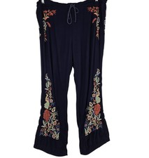 Johnny Was Pants Womens Large Navy Embroidered Floral Boho Drawstring Wide Leg