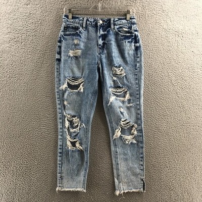 KanCan Cropped Jeans Womens 5/26 Blue Mid Rise Distressed Mom Fit Button Front
