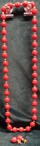 VINTAGE Genuine Cinnabar Red Hand-Carved Beads 33" Necklace & Earrings Set China