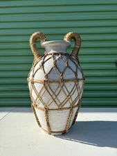 Vintage Wicker Wrapped Vessel Rustic Handmade Decorative Basket Boho Home Decor 