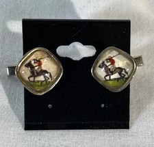 Antique Victorian Reverse Painted Glass Equestrian Clip Pair – Fox Hunting Scene