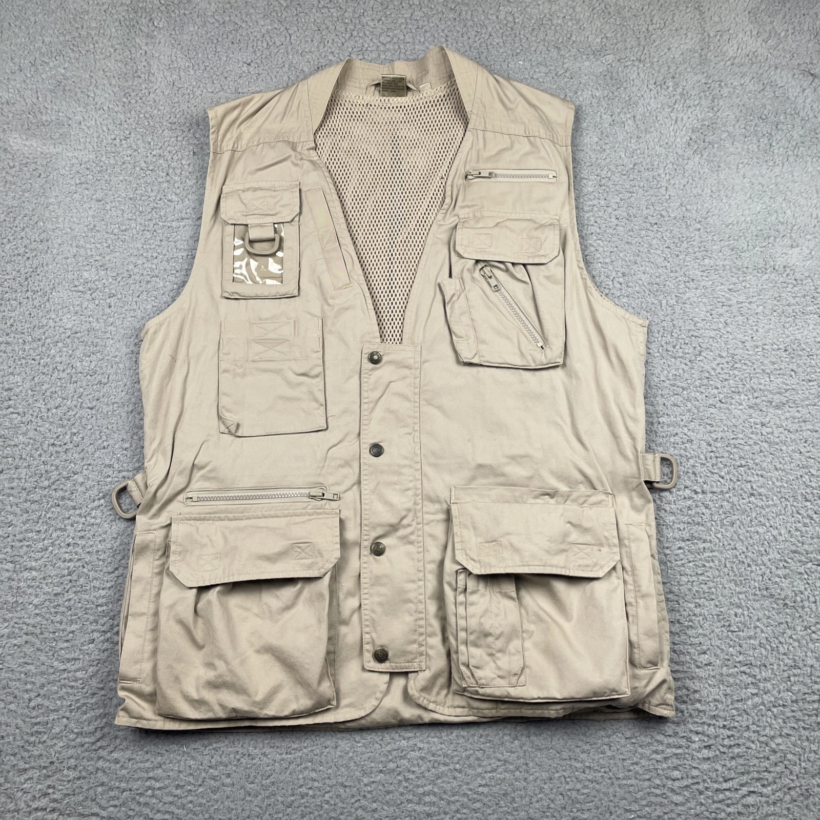 Men's Fishing Vest Large Khaki Beige Utility Adjustable Vented Outdoor Safari