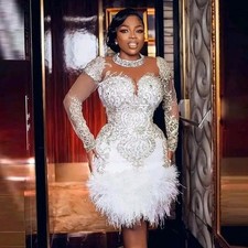 African Wedding Dress Mermaid Long Sleeves Appliques Beads Short Bridal Dresses