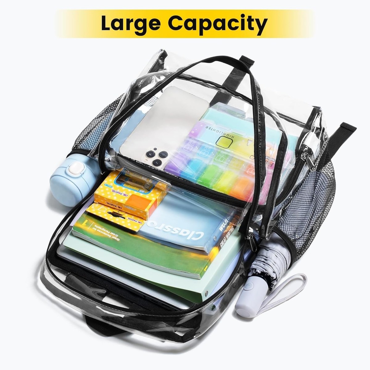 Zaino Trasparente Pesante Clear Backpack Heavy Duty Per Sicurezza, Lavoro, Università - Nero Trasparente