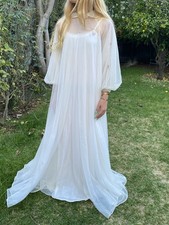 Vtg 60s XS Peignoir Long Sheer Nylon Robe  Nightgown White Floral Appliqu 