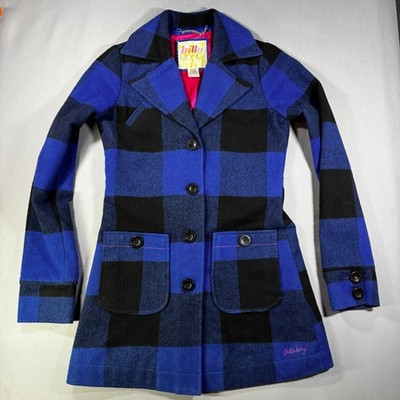 Y2K Vintage Surf Women s Billabong Coat Wool Blend Blue Buffalo Check Plaid