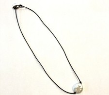 White Button Pearl  Necklace Brown Leather 16” With Loop And Button Clasp