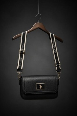 U.S. POLO ASSN. Black Taupe Saffiano Crossbody, Gold Hardware, Logo, Flap, Strap