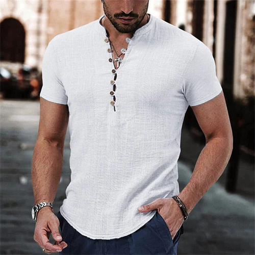 Men T Shirt Short Sleeve Tops Cotton Linen Summer Grandad Collar Shirt Blouse UK - Picture 4 of 15