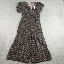 Anthropologie Romper Size Medium Puff Sleeve Wide Leg Black Motif