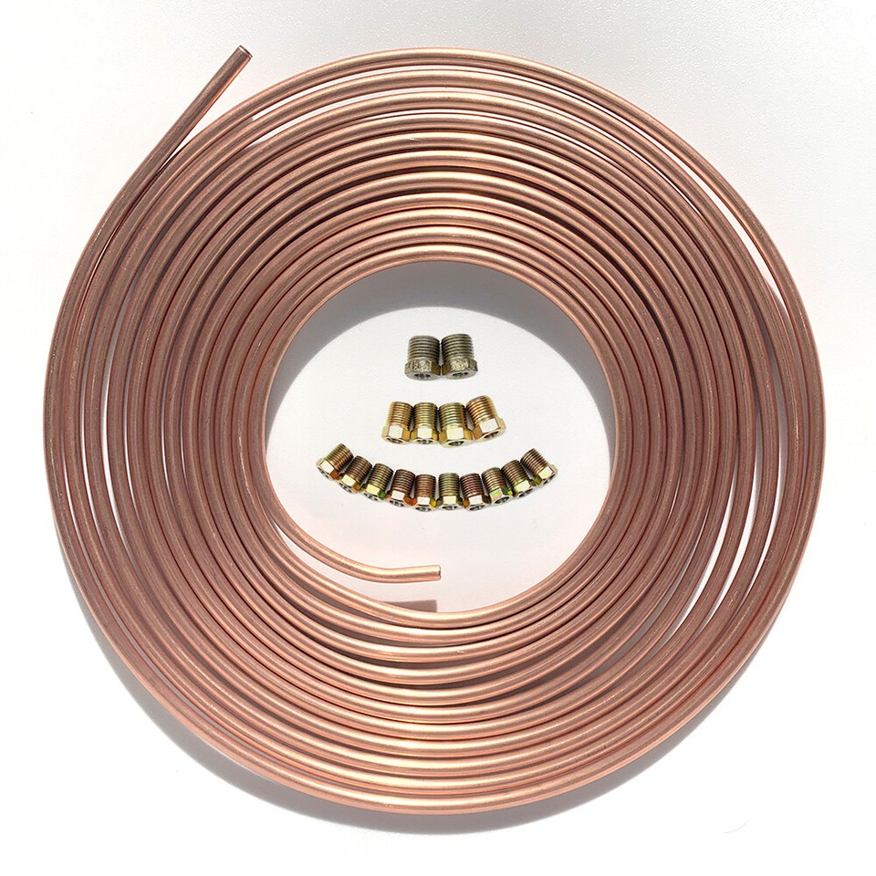 25 Foot Copper Brake Line Tubing Kit - 3/16" OD, Iron Plated, Universal Fit For Automotive Repair
