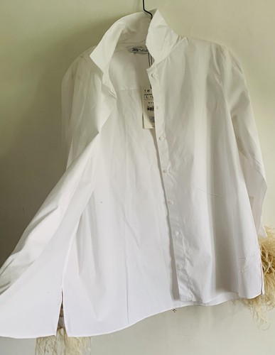 BNWT ZARA WHITE LONG FEATHER SLEEVE BUTTON UP COTTON SHIRT BLOUSE TOP SIZE: L - Picture 14 of 19