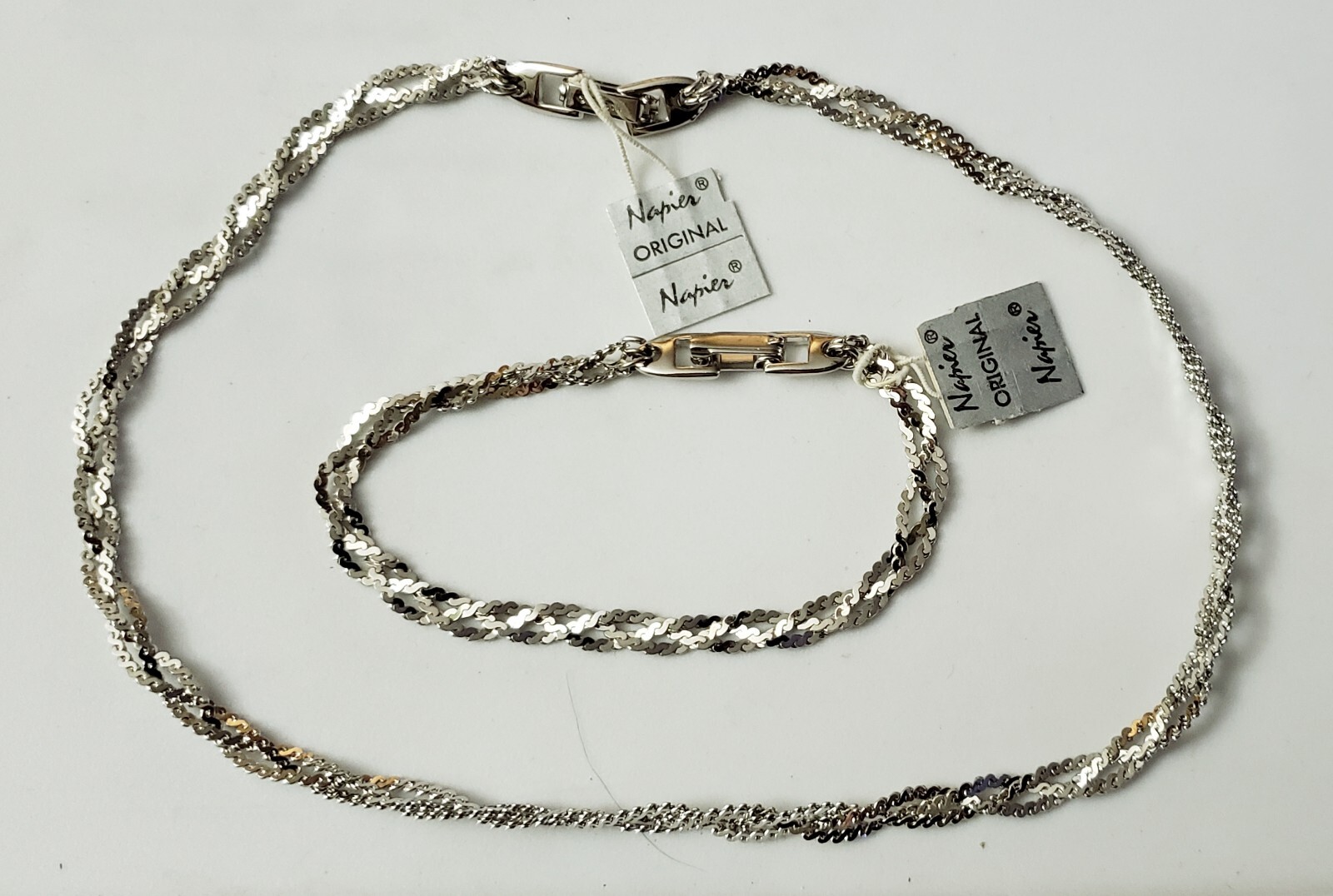 Vintage Napier Braided Silvertone 7" Bracelet & 15" Necklace w/Tags New  Flaws