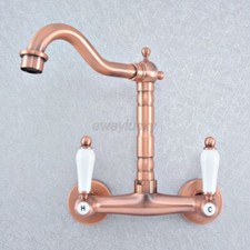 Wall Mount Red Copper Dual Handles/Holes Bathroom Basin Faucet Mixer Tap