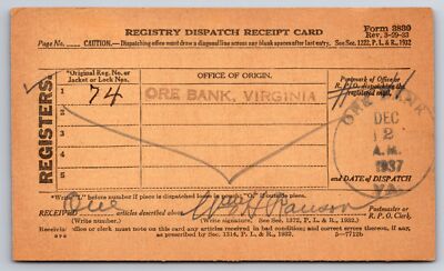 Ore Bank Virginia~Post Office Registry Dispatch Receipt Card~Clerk~1937 Postal