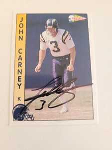 John Carney Signed 1992 Pacific Chargers Football Card #267 Autograph Super Bowl
