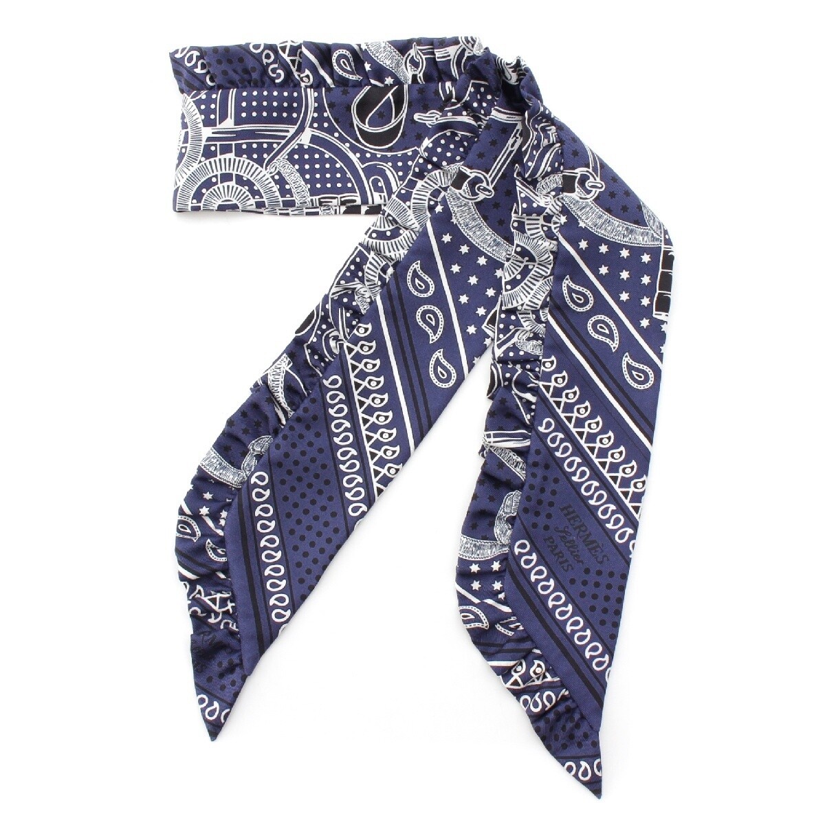 エルメス フリルツイリー Brides de Gala Eperon d'Or Bandana Hermes Twilly Eperon D'Or Bandana Silk Frill Scarf Navy Used