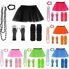 Neon Tutu Set Skirt Gloves Leg Warmers Beads Womens 80s Fancy Dress Costume NEW