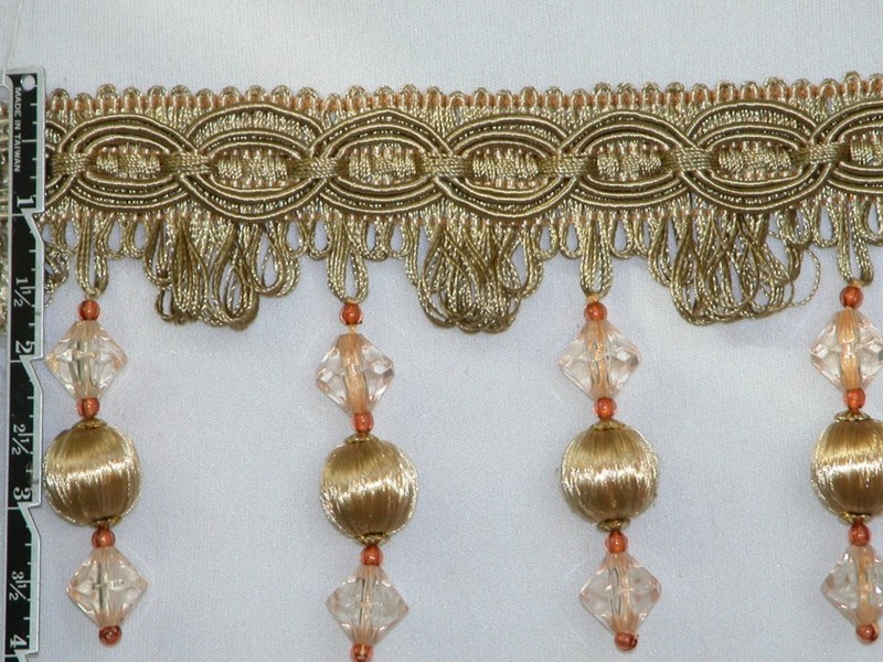 5 Yards -  Crystal bead Tassel Fringe Trim Antique Gold Peach Upholstery