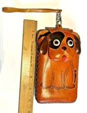 Leather DOG animal glasses leather pouch key chain wallet APR. 4"x7"x1"-STORED 
