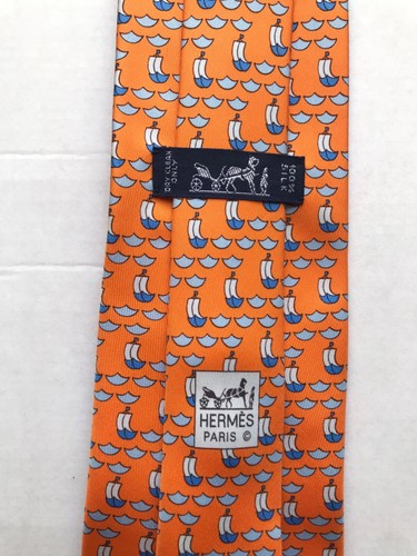 Hermes Orange 100% Silk Tie Paris 5279 SA Vintage Excellent Cond Made In France