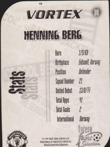 FOOTBALL CARDS MANCHESTER UNITED 1999 VORTEX HENNING BERG V 8 - Picture 2 of 2