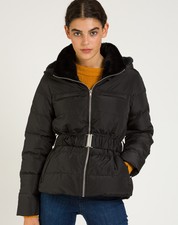 New Naf Naf Black Short Belted Waist Hooded Padded Jacket Autumn Winter Look 14
