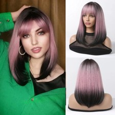 Peluca sintética corta negra rosa ombre con flequillo peluca rosa recta para mujer EE. UU.