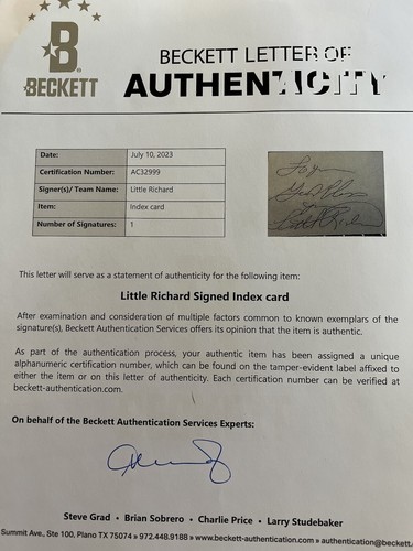 Tarjeta de índice autografiada firmada de Little Richard rara carta de Beckett - Imagen 3 de 3