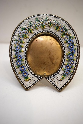 Art Deco Miniature Bronze Photo Frame Holder W Micro Mosaic Glass Flower Decor - Picture 3 of 12