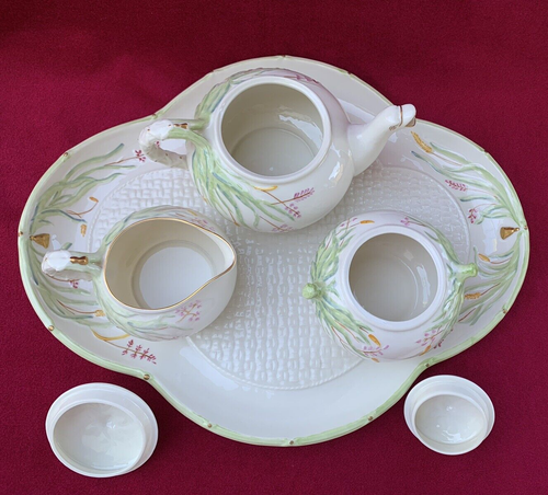 Juego de té de cabaret de porcelana Belleek diseño de hierba - tetera, azúcar, crema y bandeja - Imagen 4 de 12