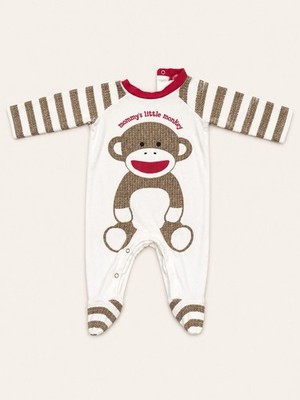 Baby Starters Footed Monkey Striped Cotton Knit Coverall 6 Months White