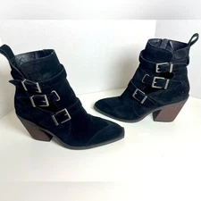 Crown Vintage Stralla Black Suede Ankle Heel Buckle Boot Booties 7.5 M / 38