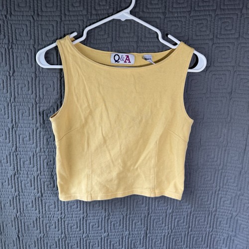 Vintage 90s Q and A Crop Tank Top Yellow Ribbed Seams Boatneck Medium Hong Kong