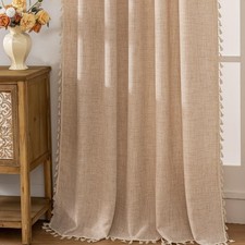 Boho Curtains 84 In Long Bohemia Linen Curtains for Bedroom Living Room Beige